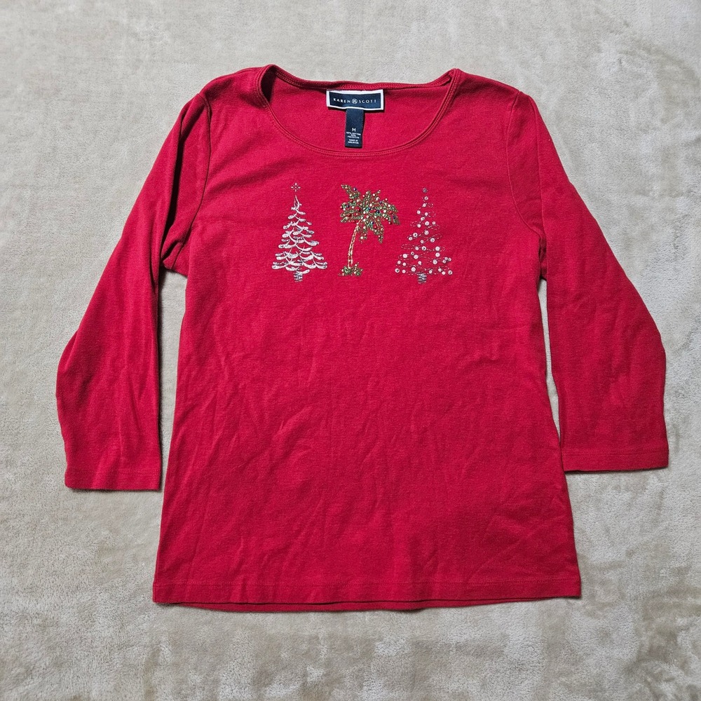 Womens Red Top Christmas Tree Palm Tree Graphic 3/4 Sleeve Top Medium‎
